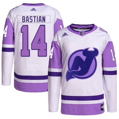 Men's Authentic New Jersey Devils Nathan Bastian Adidas Hockey Fights Cancer Primegreen Jersey - White/Purple