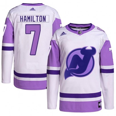 Men's Authentic New Jersey Devils Dougie Hamilton Adidas Hockey Fights Cancer Primegreen Jersey - White/Purple