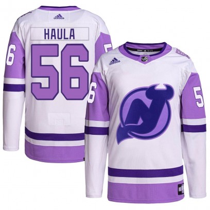 Men's Authentic New Jersey Devils Erik Haula Adidas Hockey Fights Cancer Primegreen Jersey - White/Purple