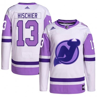 Men's Authentic New Jersey Devils Nico Hischier Adidas Hockey Fights Cancer Primegreen Jersey - White/Purple