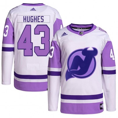 Men's Authentic New Jersey Devils Luke Hughes Adidas Hockey Fights Cancer Primegreen Jersey - White/Purple