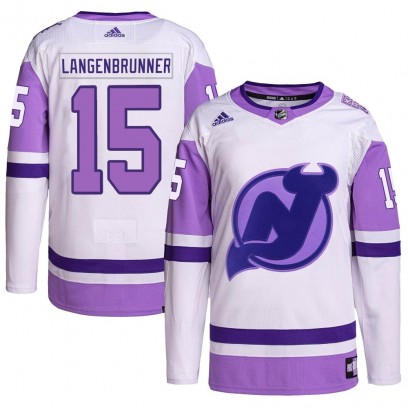 Men's Authentic New Jersey Devils Jamie Langenbrunner Adidas Hockey Fights Cancer Primegreen Jersey - White/Purple