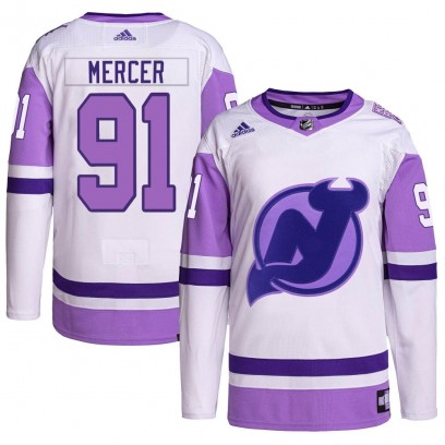 Men's Authentic New Jersey Devils Dawson Mercer Adidas Hockey Fights Cancer Primegreen Jersey - White/Purple