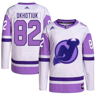 Men's Authentic New Jersey Devils Nikita Okhotiuk Adidas Hockey Fights Cancer Primegreen Jersey - White/Purple