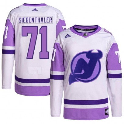 Men's Authentic New Jersey Devils Jonas Siegenthaler Adidas Hockey Fights Cancer Primegreen Jersey - White/Purple