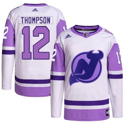Men's Authentic New Jersey Devils Tyce Thompson Adidas Hockey Fights Cancer Primegreen Jersey - White/Purple