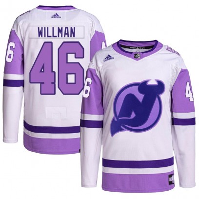 Men's Authentic New Jersey Devils Max Willman Adidas Hockey Fights Cancer Primegreen Jersey - White/Purple
