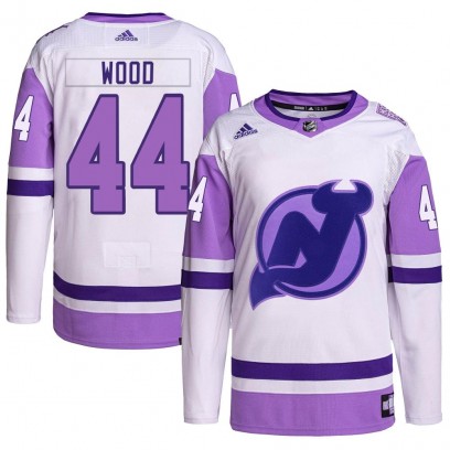 Men's Authentic New Jersey Devils Miles Wood Adidas Hockey Fights Cancer Primegreen Jersey - White/Purple