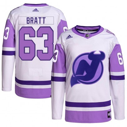 Youth Authentic New Jersey Devils Jesper Bratt Adidas Hockey Fights Cancer Primegreen Jersey - White/Purple