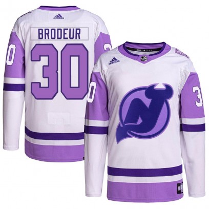 Youth Authentic New Jersey Devils Martin Brodeur Adidas Hockey Fights Cancer Primegreen Jersey - White/Purple